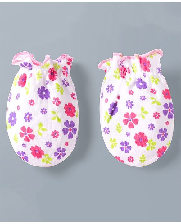 Babyhug 100% Cotton Interlock Knit Mittens & Booties Set With Floral Print - Pink