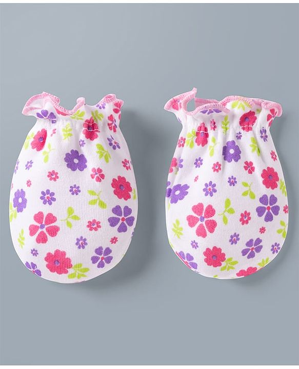 Babyhug 100% Cotton Interlock Knit Mittens & Booties Set With Floral Print - Pink