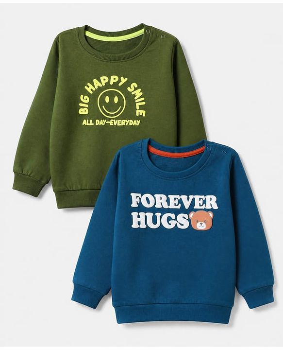 Babyhug Terry Knit Heavy Gauge Sweatshirts with Full Sleeves & Text Print Pack of 2 - Green & Blue