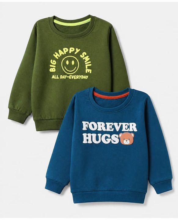 Babyhug Terry Knit Heavy Gauge Sweatshirts with Full Sleeves & Text Print Pack of 2 - Green & Blue