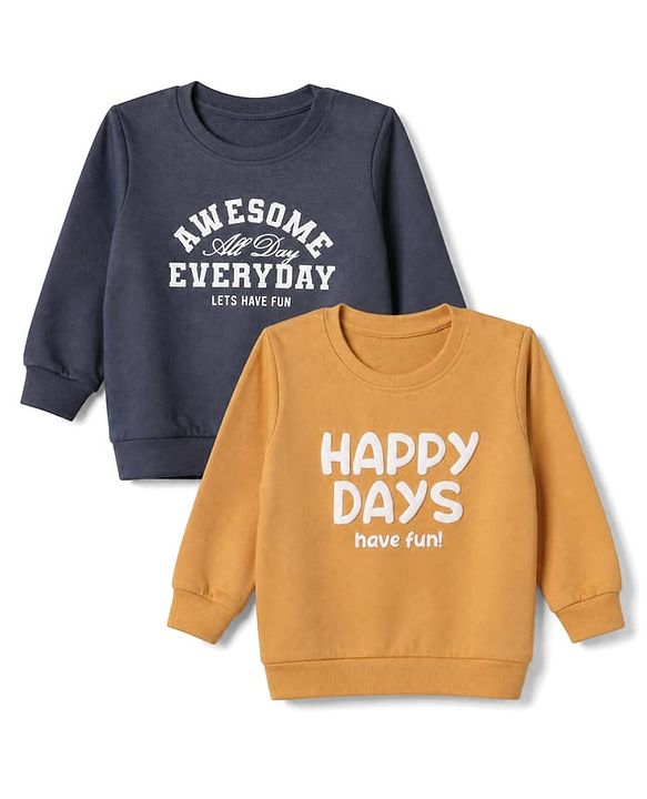 Babyhug Heavy Gauge Terry Knit Sweatshirt With Full Sleeves and Happy Days Text Print Pack f 2 - Navy Blue & Golden Pack of 2