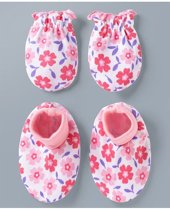 Babyhug 100% Cotton Interlock Knit Mittens & Booties Set With Floral Print - Pink