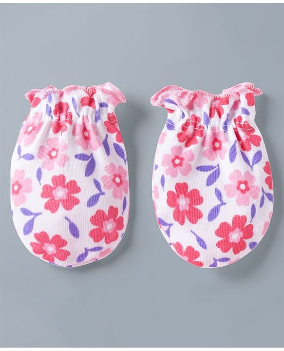 Babyhug 100% Cotton Interlock Knit Mittens & Booties Set With Floral Print - Pink