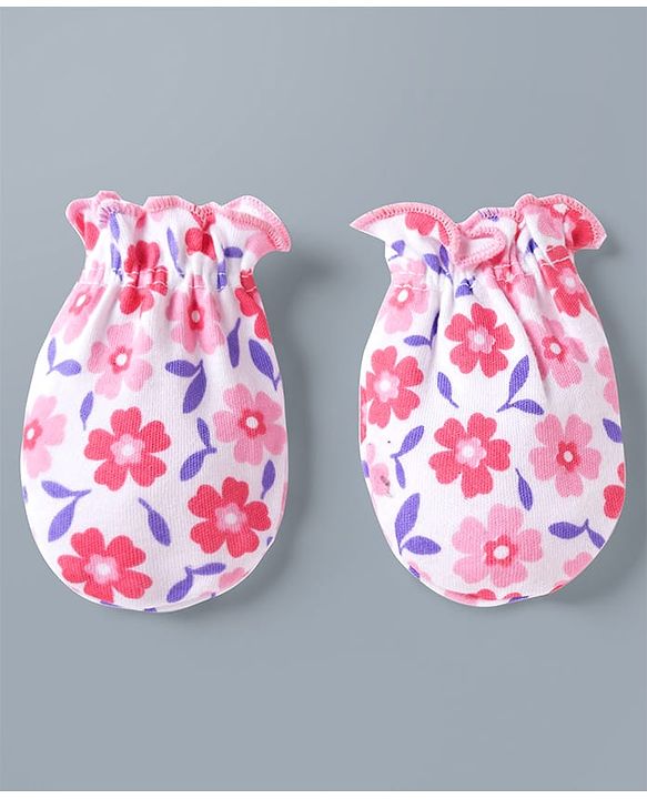 Babyhug 100% Cotton Interlock Knit Mittens & Booties Set With Floral Print - Pink
