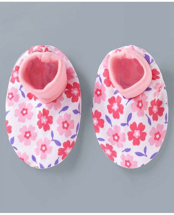Babyhug 100% Cotton Interlock Knit Mittens & Booties Set With Floral Print - Pink