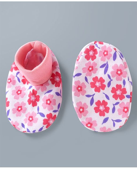 Babyhug 100% Cotton Interlock Knit Mittens & Booties Set With Floral Print - Pink