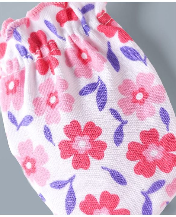 Babyhug 100% Cotton Interlock Knit Mittens & Booties Set With Floral Print - Pink