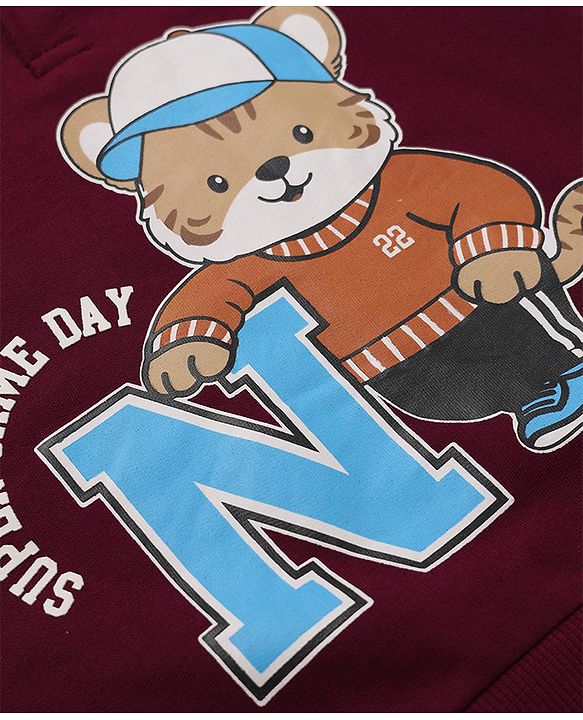 Babyhug 100% Cotton Heavy Gauge Terry Knit Hooded Sweatshirt with Full Sleeves and Tiger Print - Maroon