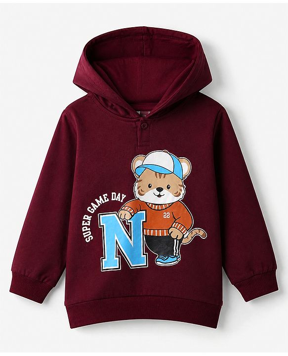 Babyhug 100% Cotton Heavy Gauge Terry Knit Hooded Sweatshirt with Full Sleeves and Tiger Print - Maroon