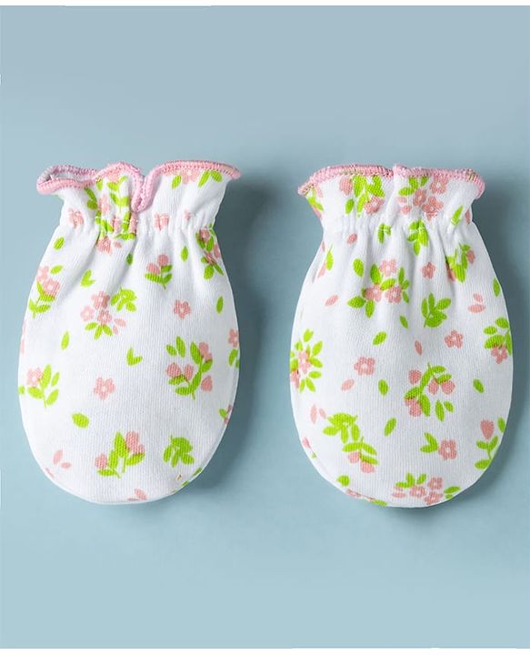 Babyhug 100% Cotton Interlock Knit Mittens & Booties Set With Floral Print - White
