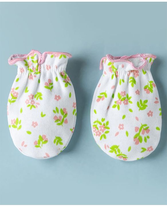 Babyhug 100% Cotton Interlock Knit Mittens & Booties Set With Floral Print - White