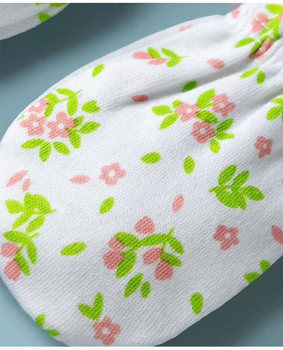 Babyhug 100% Cotton Interlock Knit Mittens & Booties Set With Floral Print - White