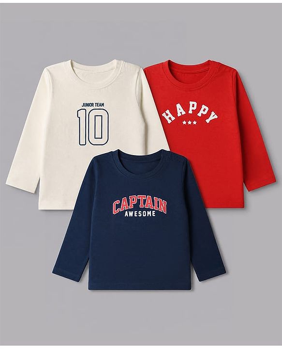 Babyhug 100% Cotton Knit Full Sleeves T-Shirts with Captain Text Print Pack of 3 - White Red & Navy Blue