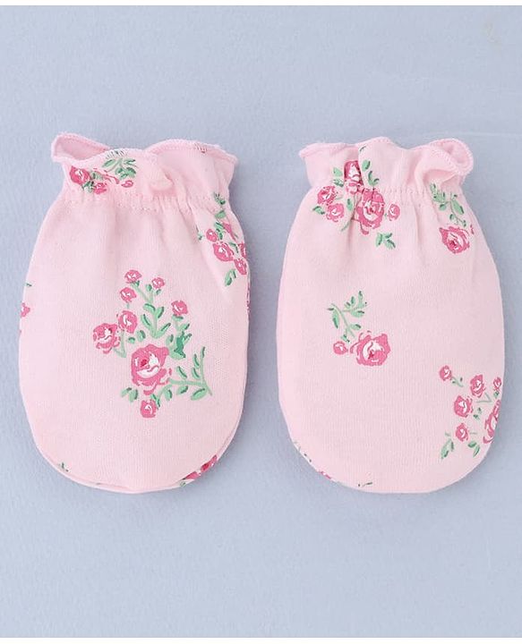 Babyhug 100% Cotton Interlock Knit Mittens and Booties Set With Floral Print - Pink