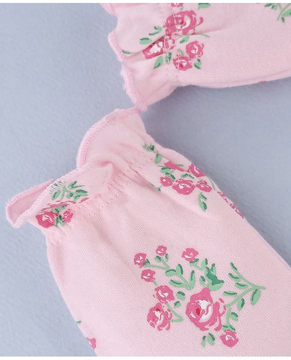 Babyhug 100% Cotton Interlock Knit Mittens and Booties Set With Floral Print - Pink
