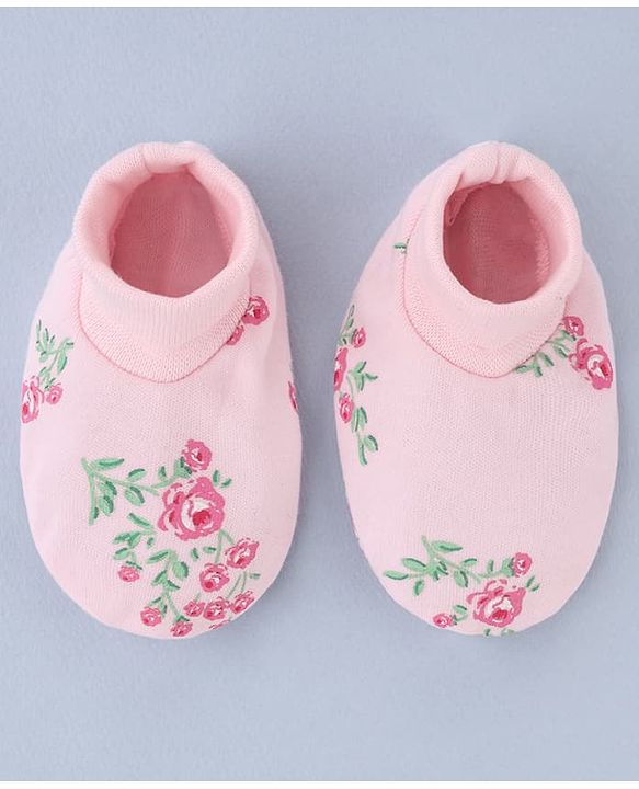 Babyhug 100% Cotton Interlock Knit Mittens and Booties Set With Floral Print - Pink