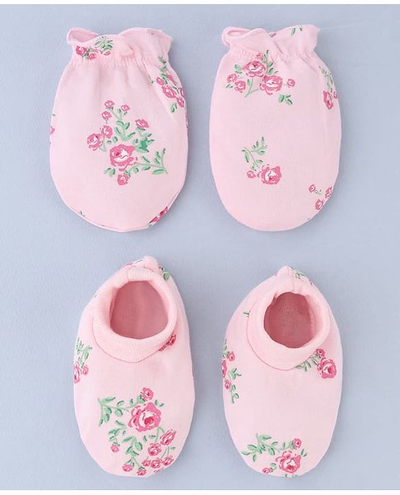 Babyhug 100% Cotton Interlock Knit Mittens and Booties Set With Floral Print - Pink