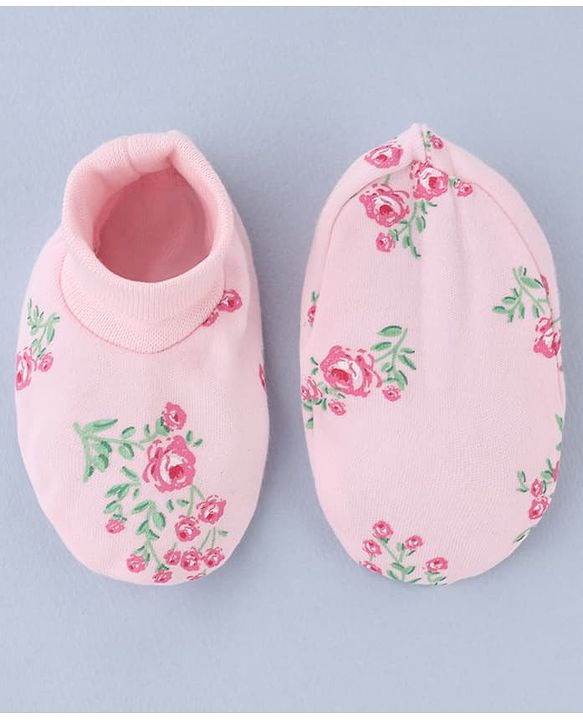 Babyhug 100% Cotton Interlock Knit Mittens and Booties Set With Floral Print - Pink