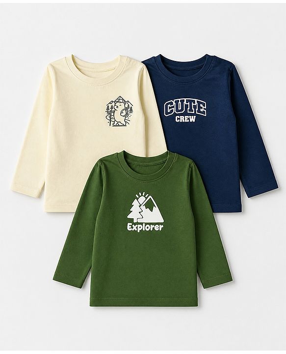 Babyhug 100% Cotton Knit Full Sleeves T-Shirts with Explorer & Cute Crew Text with Bear Print Pack of 3 - Navy Blue Green & White