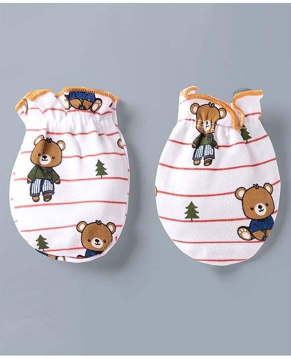 Babyhug 100% Cotton Interlock Knit Striped Mittens & Booties Set With Teddy Bear Print - White