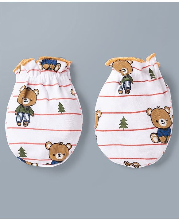 Babyhug 100% Cotton Interlock Knit Striped Mittens & Booties Set With Teddy Bear Print - White