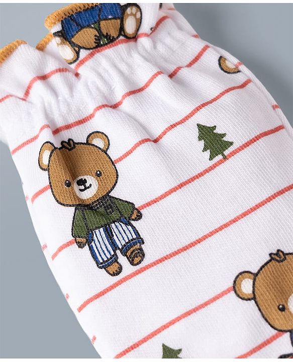 Babyhug 100% Cotton Interlock Knit Striped Mittens & Booties Set With Teddy Bear Print - White