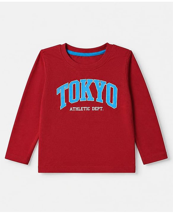 Babyhug 100% Cotton Knit Full Sleeevs T-Shirts with Tokyo Athletic & Number Print Pack of 3 - Red, Blue & Cream