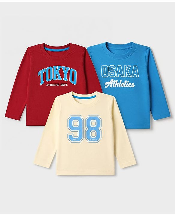 Babyhug 100% Cotton Knit Full Sleeevs T-Shirts with Tokyo Athletic & Number Print Pack of 3 - Red, Blue & Cream