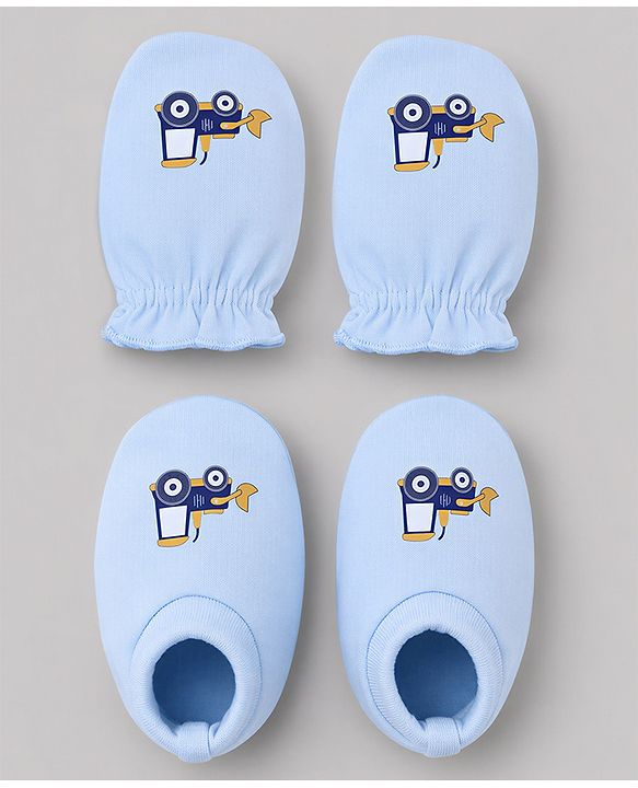 Babyhug 100% Cotton Interlock Knit Mittens & Booties with Vehicle Print - Sky Blue