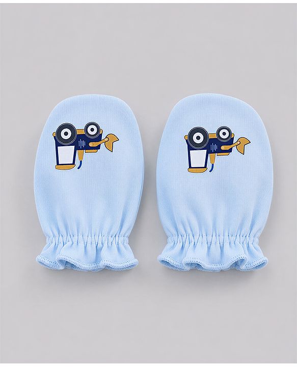 Babyhug 100% Cotton Interlock Knit Mittens & Booties with Vehicle Print - Sky Blue