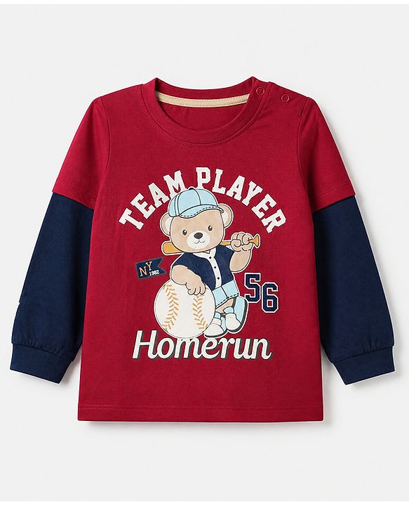 Babyhug 100% Cotton Knit T-Shirts with Full Doctor Sleeves and Homerun Team Player Text with Bear Print - Dark Red