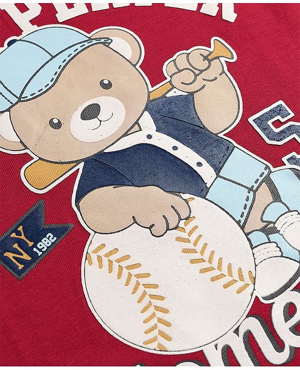 Babyhug 100% Cotton Knit T-Shirts with Full Doctor Sleeves and Homerun Team Player Text with Bear Print - Dark Red