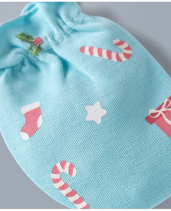 Babyhug 100% Cotton Interlock Knit Mittens & Booties Set Christmas Theme Print - Light Blue