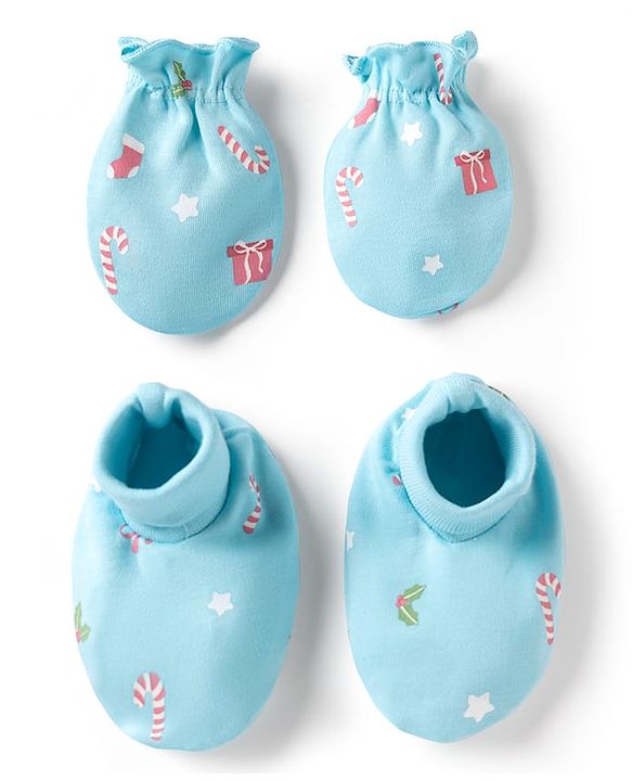 Babyhug 100% Cotton Interlock Knit Mittens & Booties Set Christmas Theme Print - Light Blue