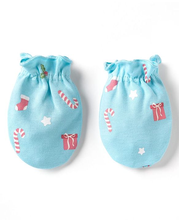 Babyhug 100% Cotton Interlock Knit Mittens & Booties Set Christmas Theme Print - Light Blue