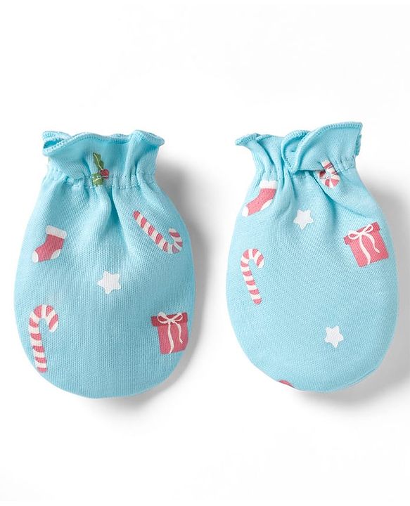 Babyhug 100% Cotton Interlock Knit Mittens & Booties Set Christmas Theme Print - Light Blue