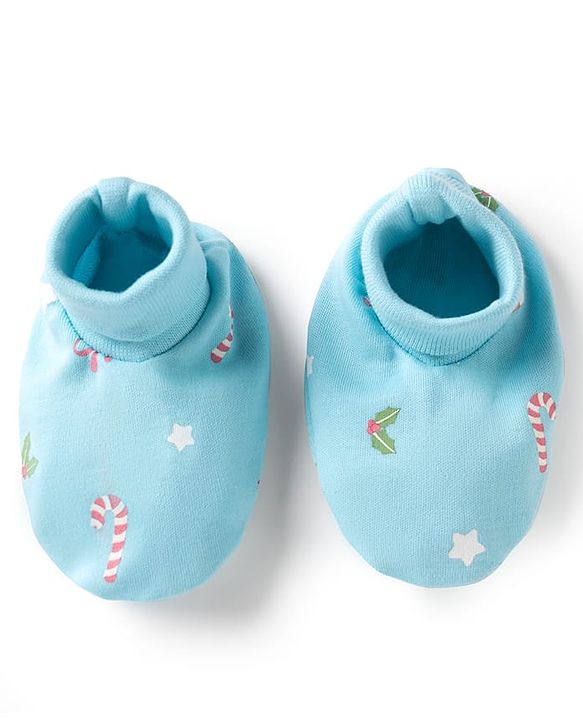 Babyhug 100% Cotton Interlock Knit Mittens & Booties Set Christmas Theme Print - Light Blue