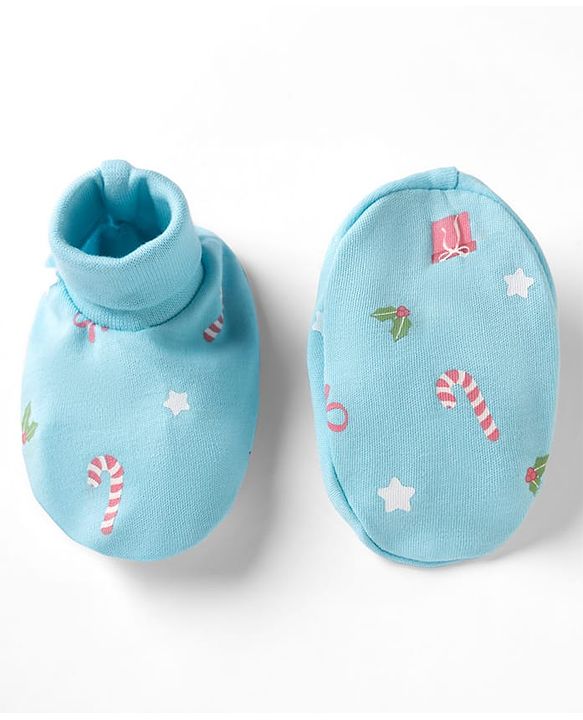 Babyhug 100% Cotton Interlock Knit Mittens & Booties Set Christmas Theme Print - Light Blue