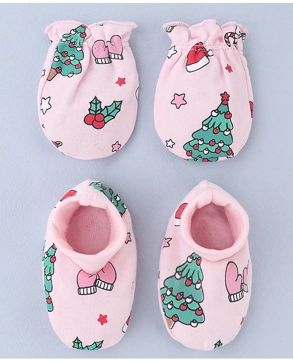 Babyhug 100% Cotton Interlock Knit Mittens and Booties Set With Tropical Print - Pink