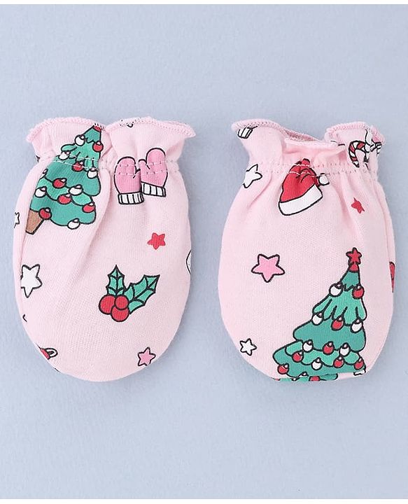 Babyhug 100% Cotton Interlock Knit Mittens and Booties Set With Tropical Print - Pink