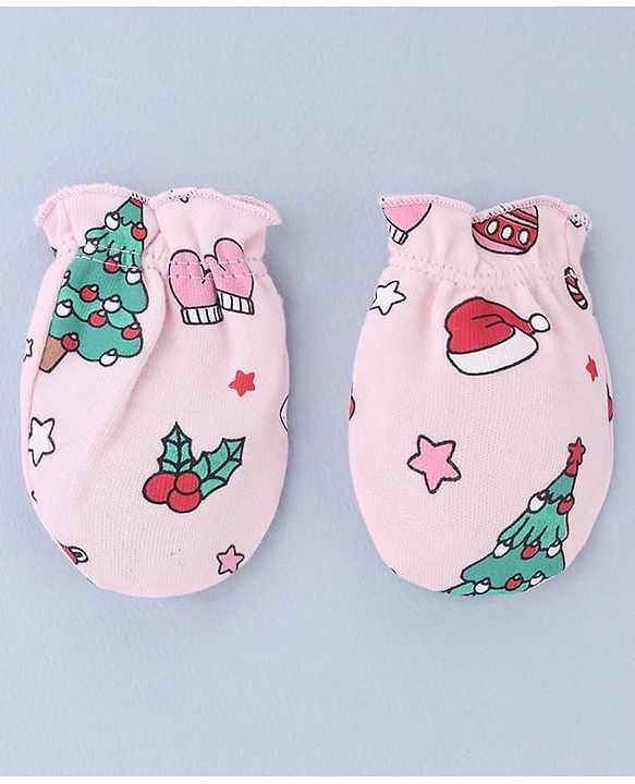 Babyhug 100% Cotton Interlock Knit Mittens and Booties Set With Tropical Print - Pink