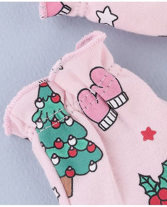 Babyhug 100% Cotton Interlock Knit Mittens and Booties Set With Tropical Print - Pink