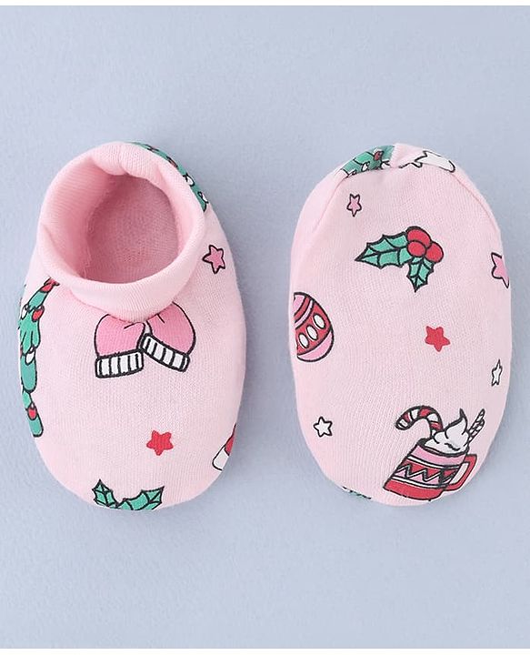 Babyhug 100% Cotton Interlock Knit Mittens and Booties Set With Tropical Print - Pink