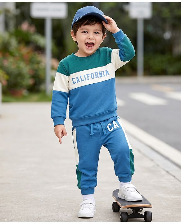 Babyhug 100% Cotton Terry Knit Full Sleeves T-shirt & Joggers Set With California Text Print - White