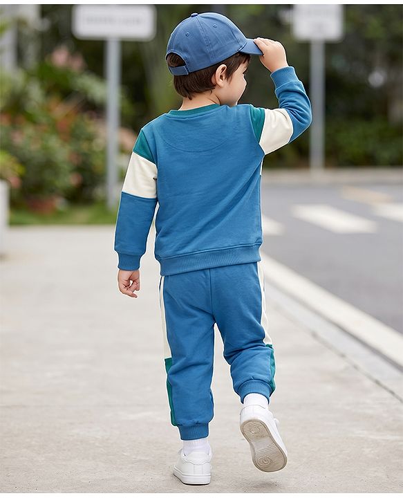 Babyhug 100% Cotton Terry Knit Full Sleeves T-shirt & Joggers Set With California Text Print - White
