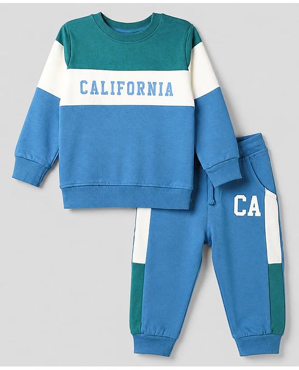 Babyhug 100% Cotton Terry Knit Full Sleeves T-shirt & Joggers Set With California Text Print - White