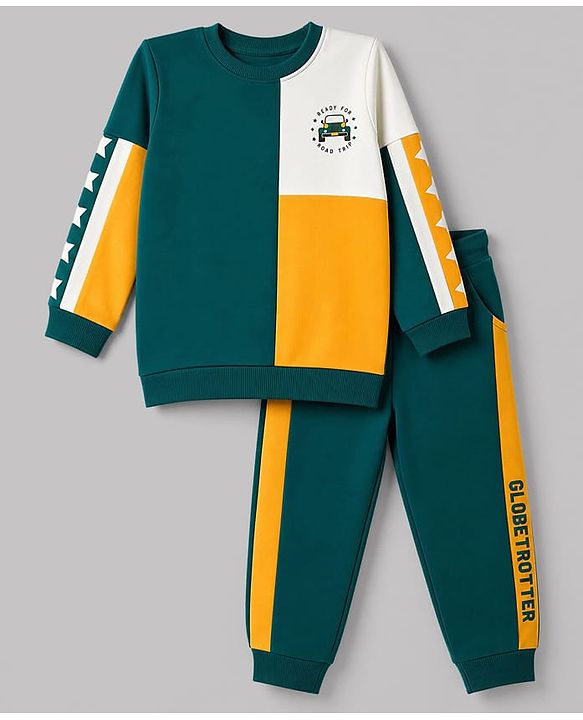 Babyhug 100% Cotton Knit Full Sleeves Vehicles & Text Printed Cut N Sew Sweatshirt & Joggers Set - Green & Yellow