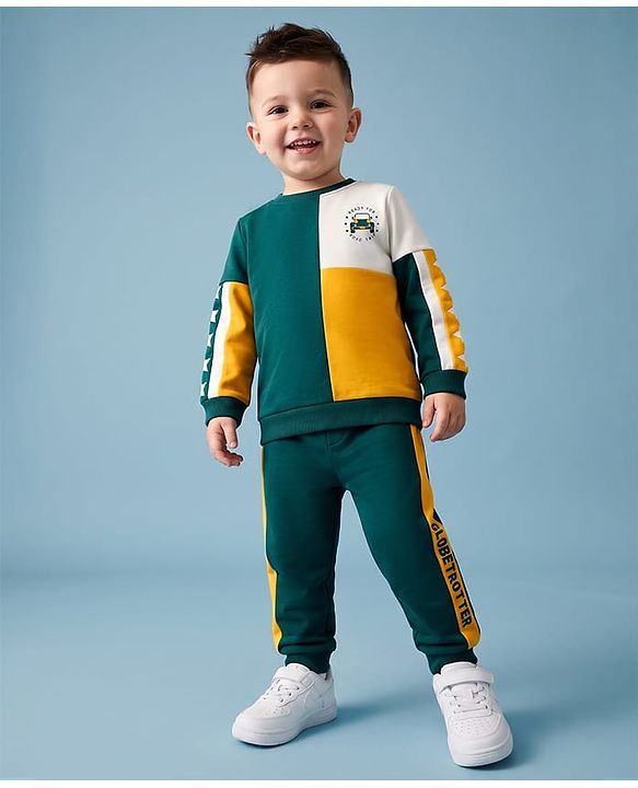 Babyhug 100% Cotton Knit Full Sleeves Vehicles & Text Printed Cut N Sew Sweatshirt & Joggers Set - Green & Yellow