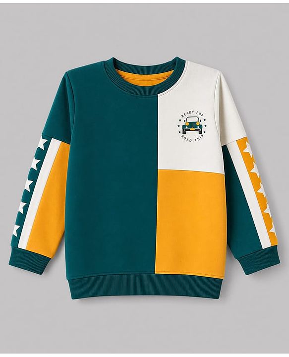 Babyhug 100% Cotton Knit Full Sleeves Vehicles & Text Printed Cut N Sew Sweatshirt & Joggers Set - Green & Yellow