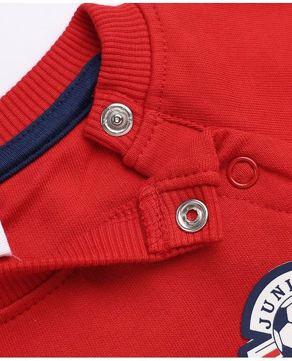 Babyhug 100% Cotton Terry Knit Full Raglan Sleeves Cut & Sew T-Shirt and Jogger with Soccer Junior League Patch - Red